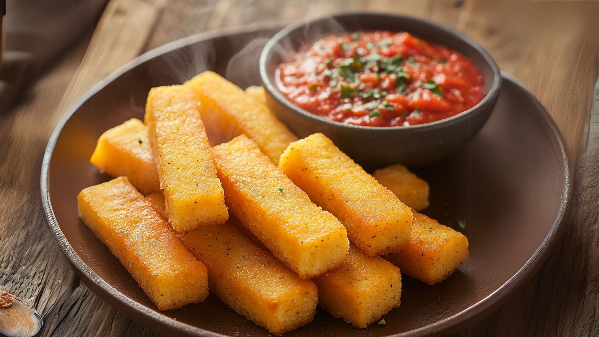 Prato com polenta grelhada coberta com queijo gorgonzola e nozes ao lado de molho pesto e tomates frescos