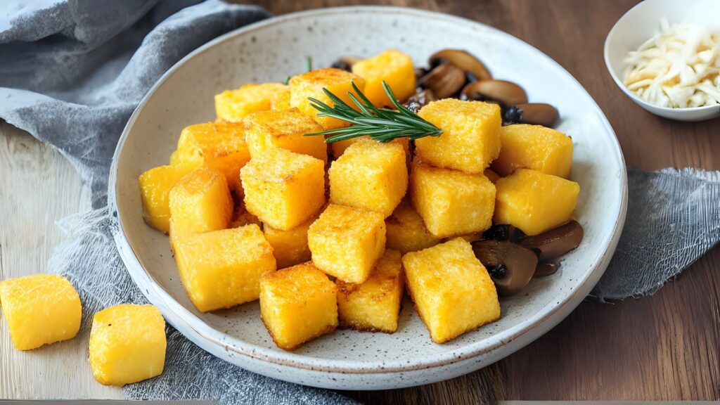 Experimente essa receita deliciosa de polenta frita Momil em cubos com cogumelos salteados. Ideal para um jantar leve e cheio de sabor!